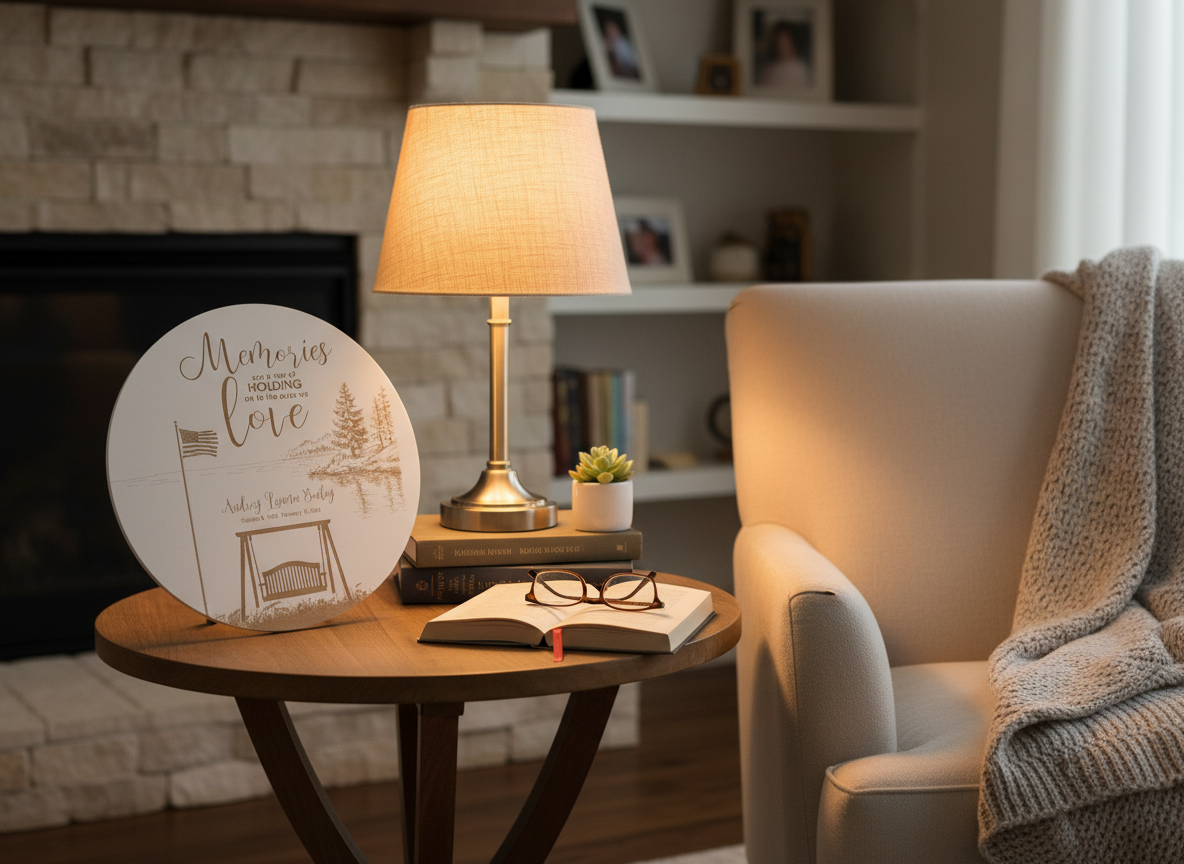 Lake memorial scene, personalized lake memorial gift, lake and swing memorial gift