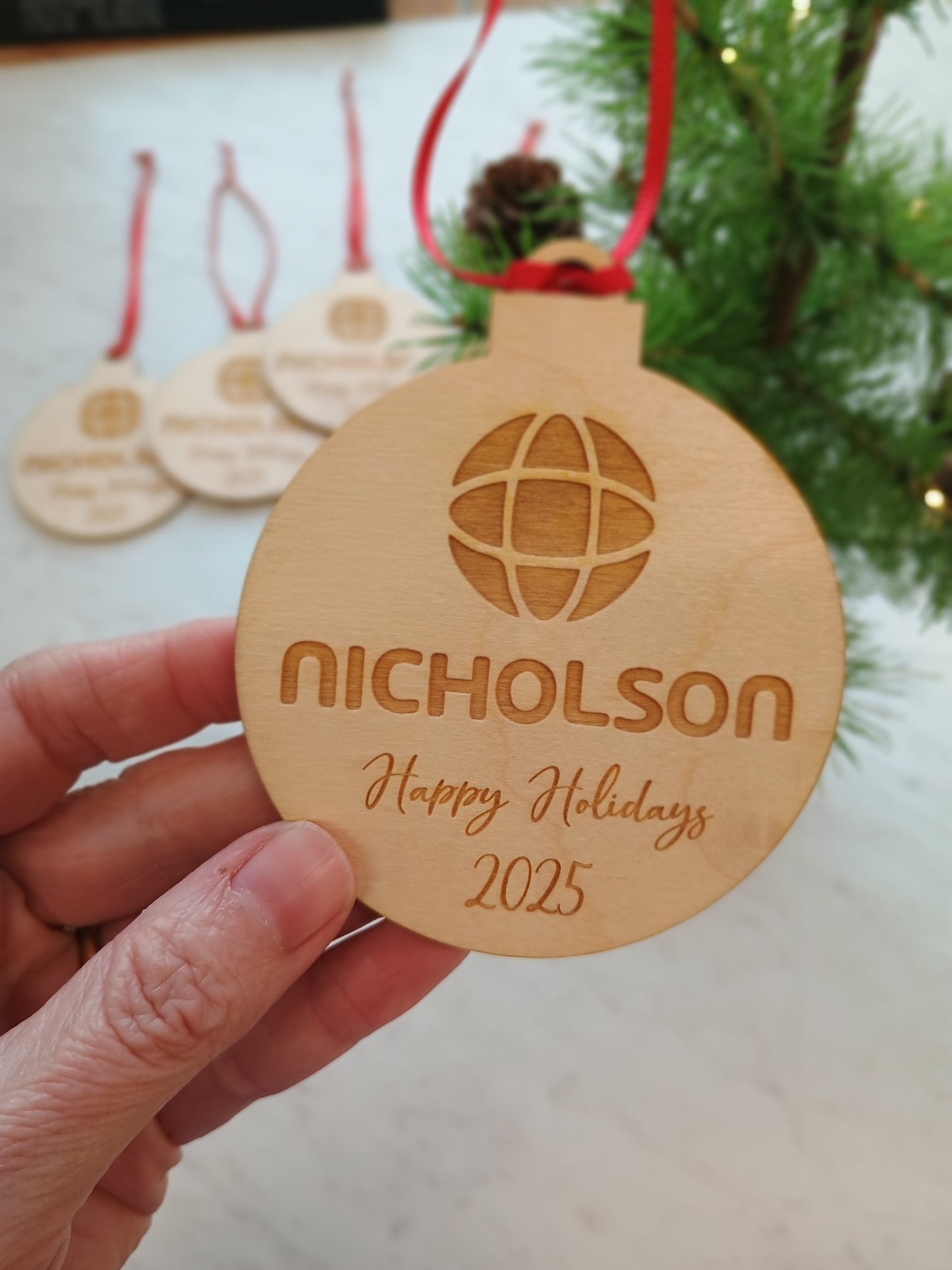 Set of 10 Wood Custom logo Christmas Ornaments, Business Christmas Ornament